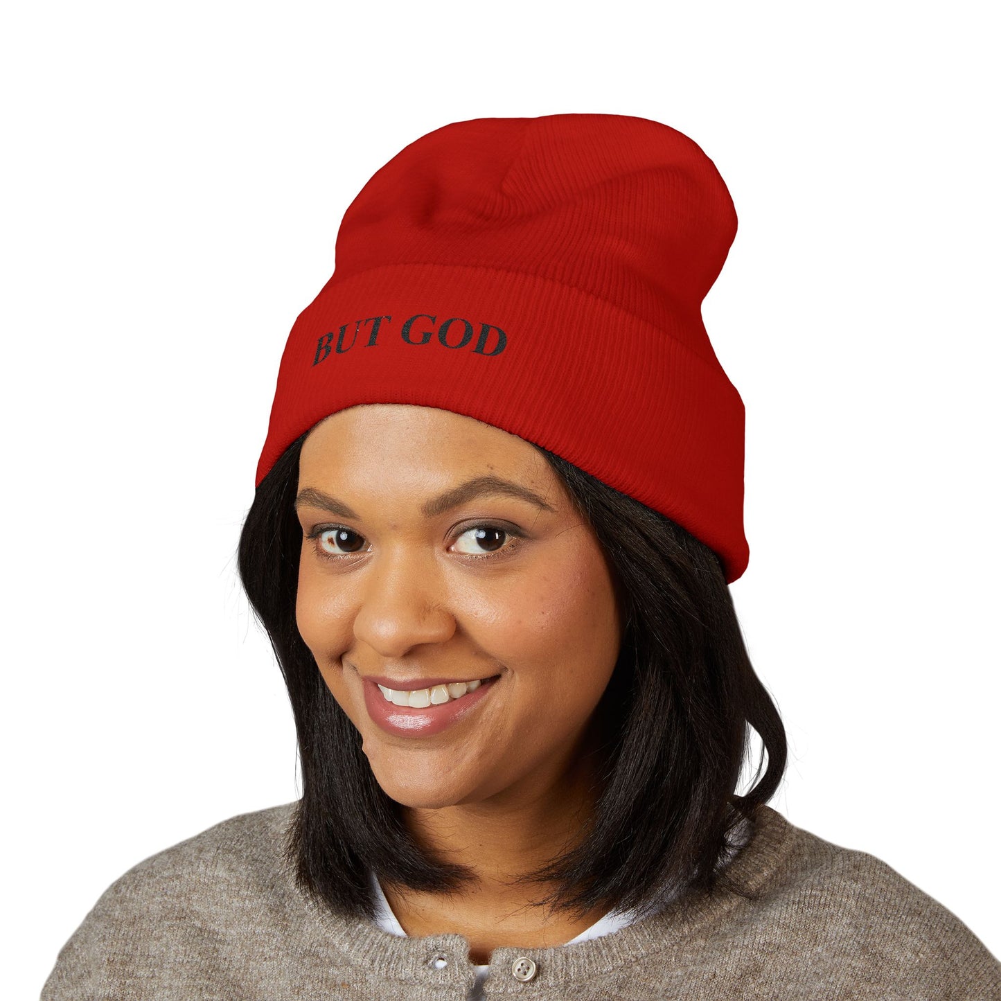 BUT GOD Embroidered Cuffed Beanie — Minimal Faith Knit Hat