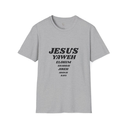 Jesus Yahweh Names T-Shirt — Faith-Based Christian Tee Featuring Elohim, Shaddai, Jireh
