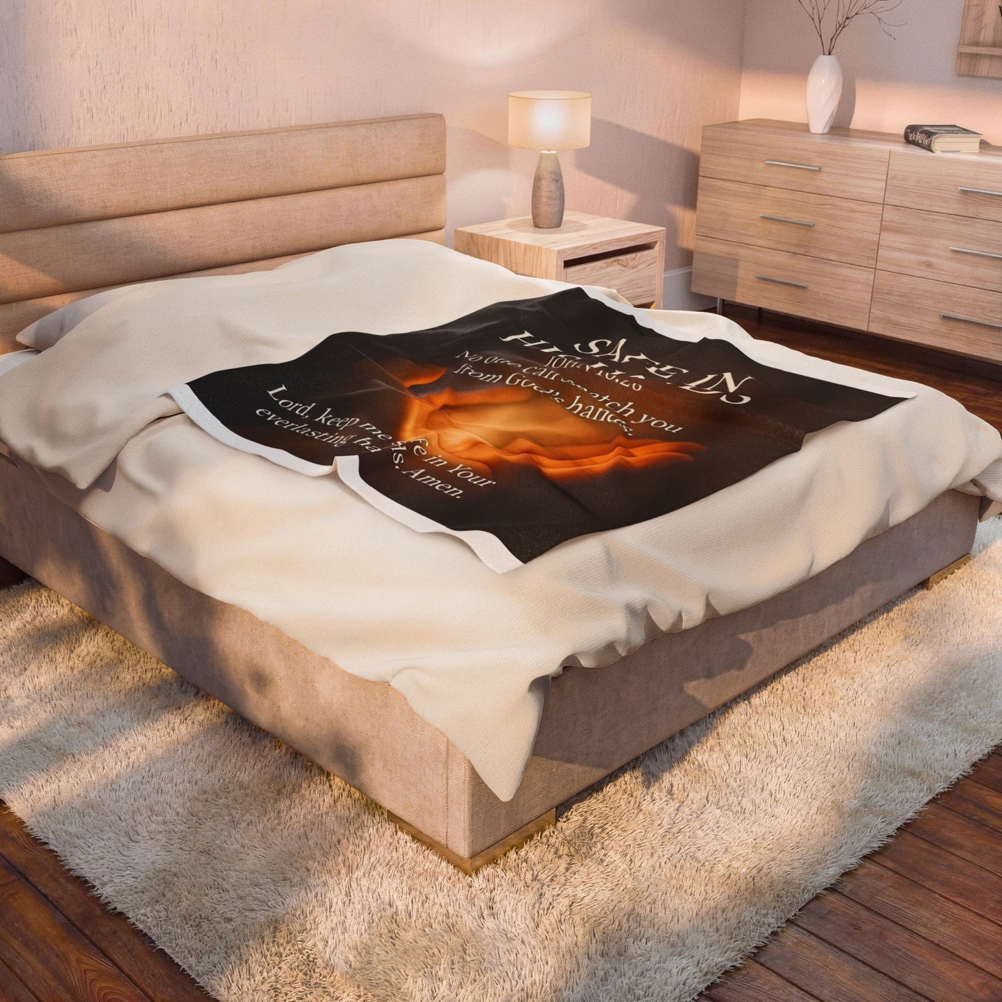 Safe In His Hands Velveteen Plush Blanket — John 10:28 Christian Prayer Throw