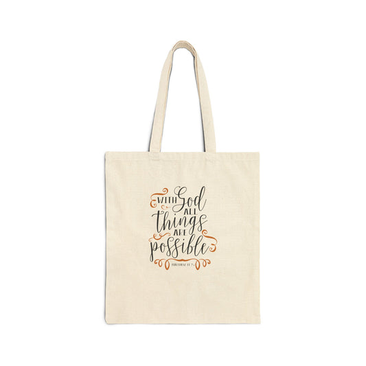 Inspirational Canvas Tote Bag — "With God All Things Are Possible" Scripture Tote