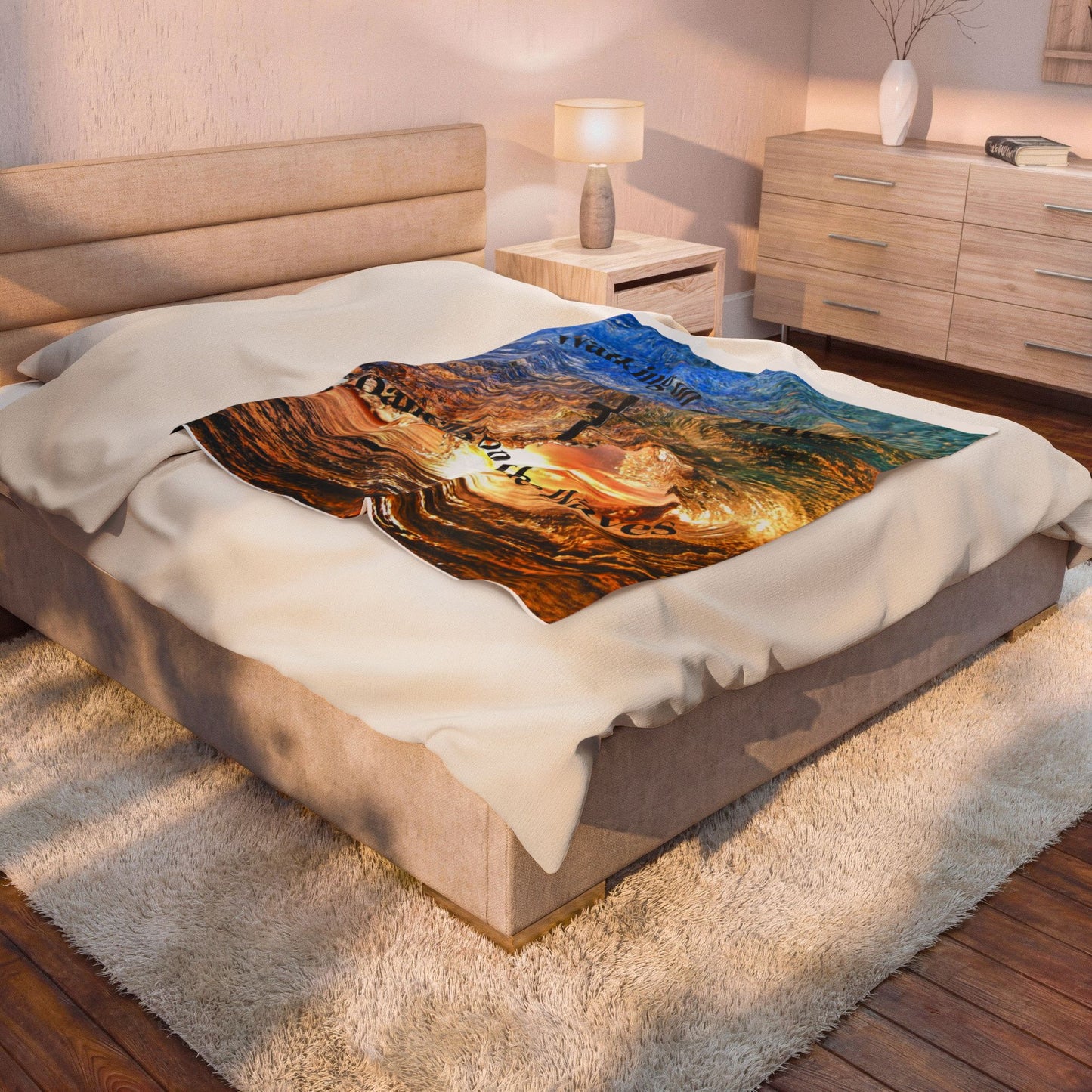 Velveteen Plush Blanket — "Walking on the Water, Dancing on the Waves" Christian Cross Ocean Throw