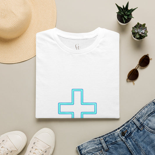 Neon Outline Cross T-Shirt — Minimal Christian Faith Graphic Tee