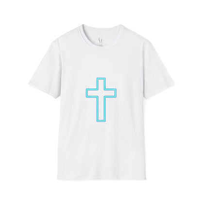 Neon Outline Cross T-Shirt — Minimal Christian Faith Graphic Tee