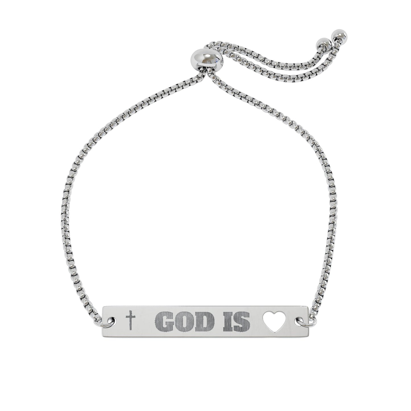 Engraved Heart Bar Bracelet — "God Is Love" Adjustable Chain