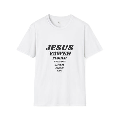 Jesus Yahweh Names T-Shirt — Faith-Based Christian Tee Featuring Elohim, Shaddai, Jireh
