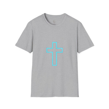 Neon Outline Cross T-Shirt — Minimal Christian Faith Graphic Tee
