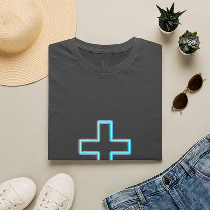 Neon Outline Cross T-Shirt — Minimal Christian Faith Graphic Tee