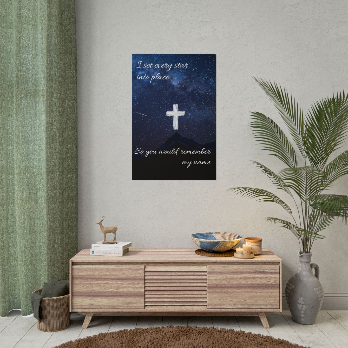 Poster – Inspirational Christian Cross Night Sky Wall Art ("I set every star into place so you would remember my name")