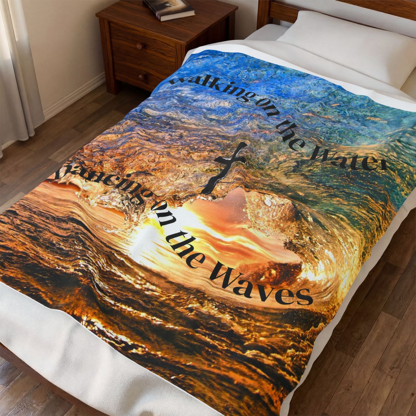 Velveteen Plush Blanket — "Walking on the Water, Dancing on the Waves" Christian Cross Ocean Throw