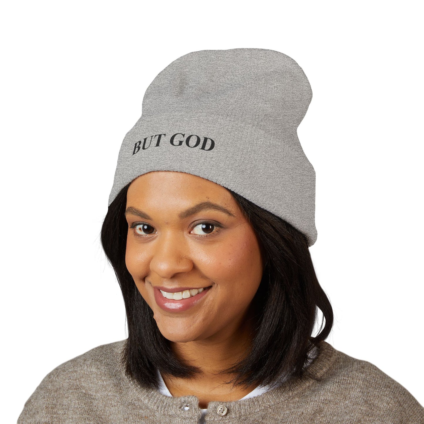BUT GOD Embroidered Cuffed Beanie — Minimal Faith Knit Hat