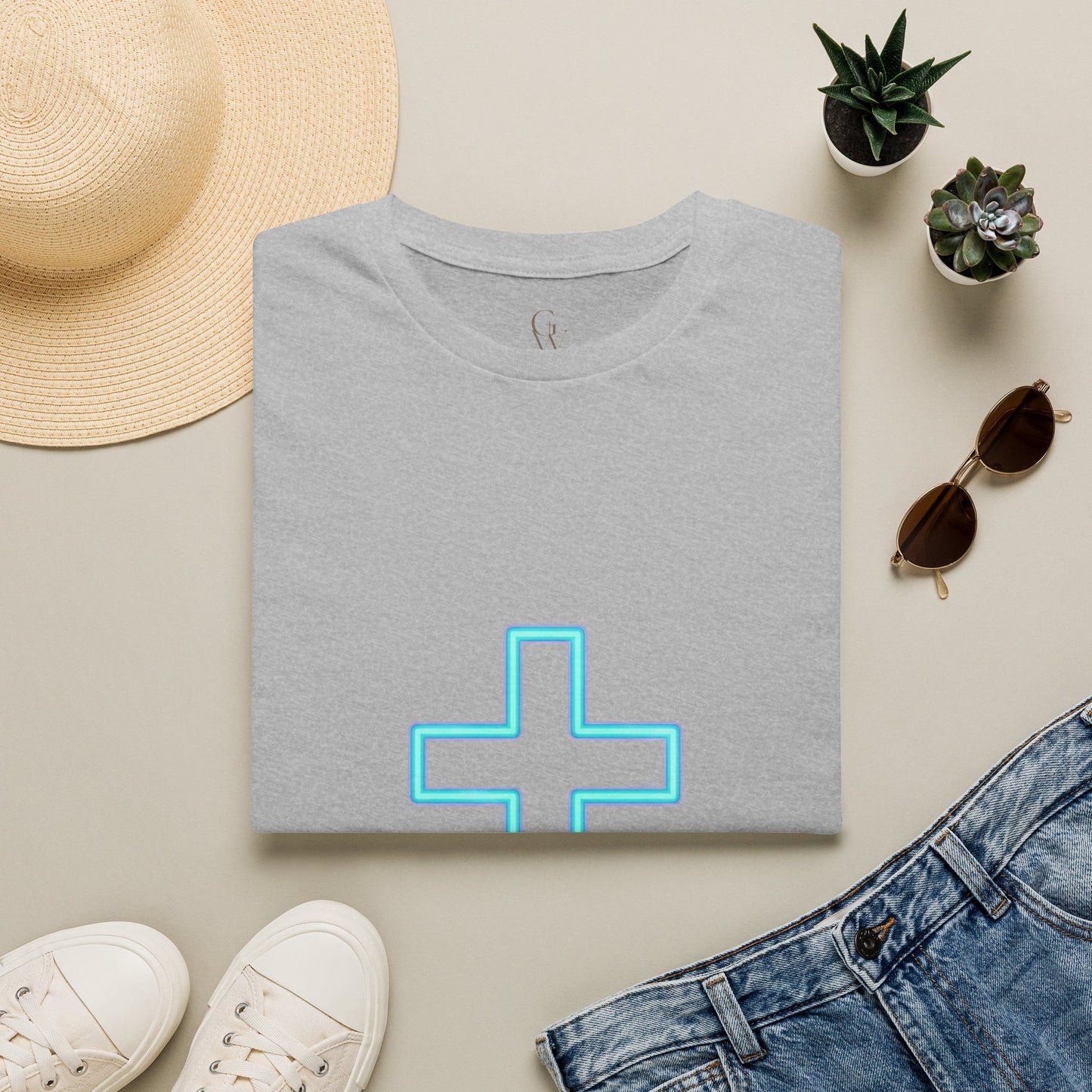Neon Outline Cross T-Shirt — Minimal Christian Faith Graphic Tee