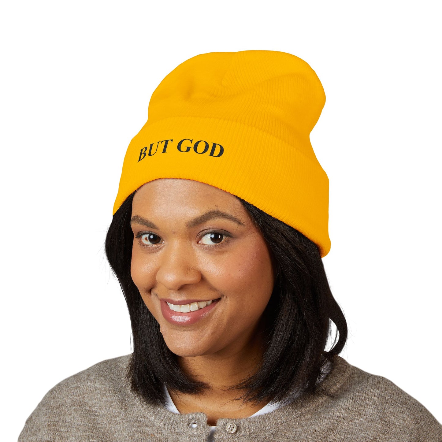 BUT GOD Embroidered Cuffed Beanie — Minimal Faith Knit Hat