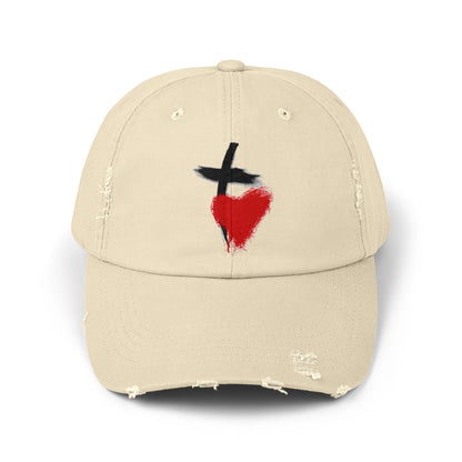 Distressed Baseball Cap — Painted Cross & Heart Design | Faith-Inspired Casual Hat