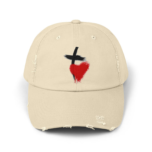 Distressed Baseball Cap — Painted Cross & Heart Design | Faith-Inspired Casual Hat