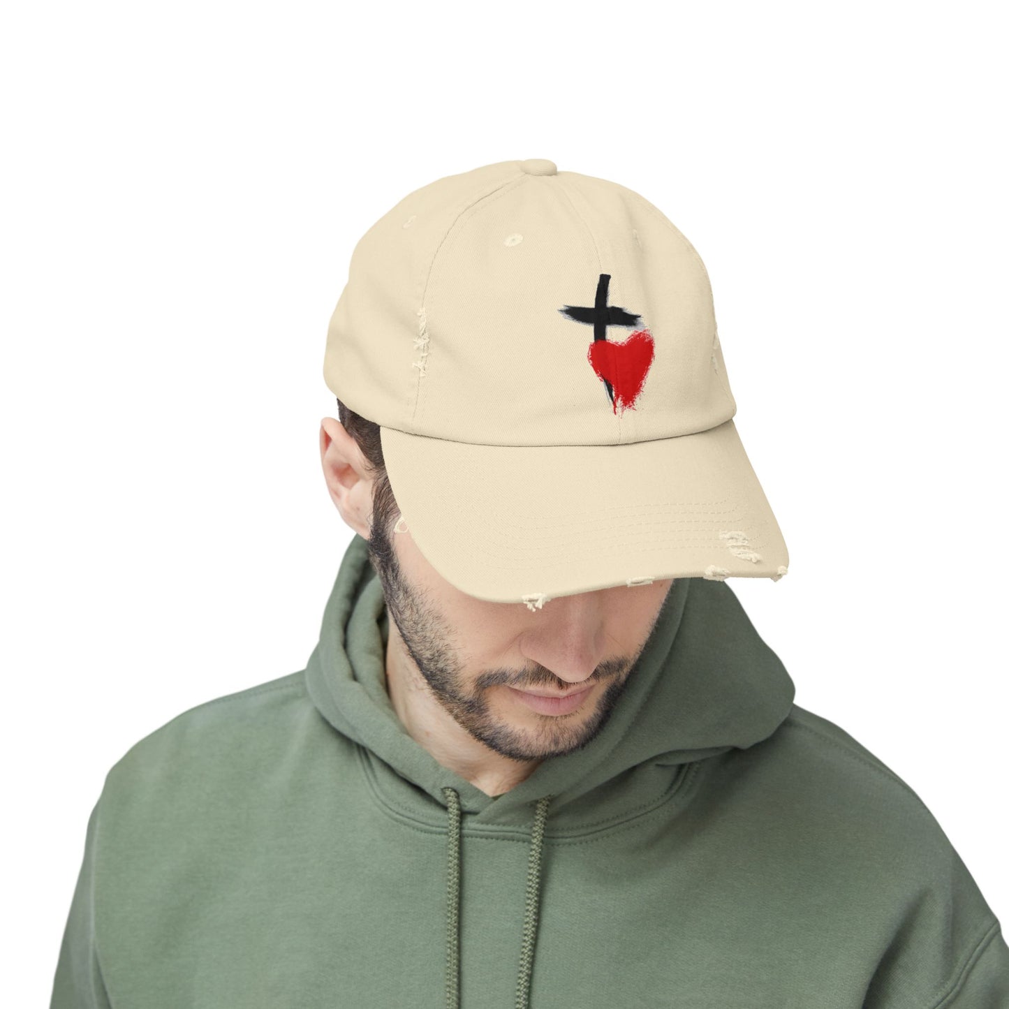 Distressed Baseball Cap — Painted Cross & Heart Design | Faith-Inspired Casual Hat