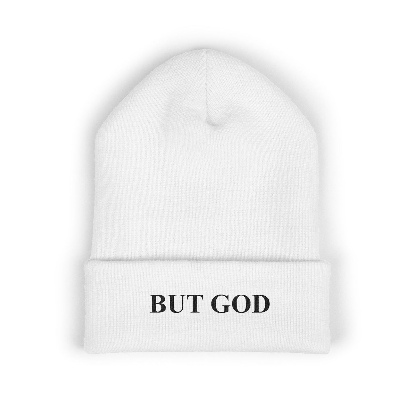 BUT GOD Embroidered Cuffed Beanie — Minimal Faith Knit Hat