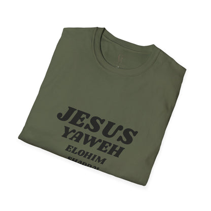 Jesus Yahweh Names T-Shirt — Faith-Based Christian Tee Featuring Elohim, Shaddai, Jireh