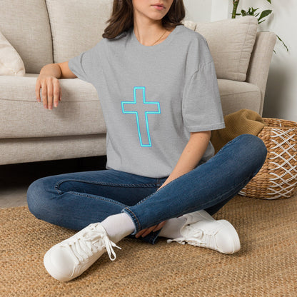 Neon Outline Cross T-Shirt — Minimal Christian Faith Graphic Tee
