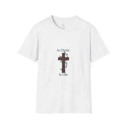 Christian T-Shirt — "In Christ Is Life" Cross Faith Tee