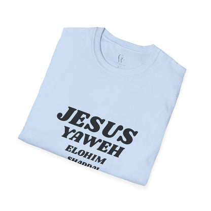 Jesus Yahweh Names T-Shirt — Faith-Based Christian Tee Featuring Elohim, Shaddai, Jireh