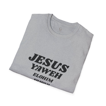 Jesus Yahweh Names T-Shirt — Faith-Based Christian Tee Featuring Elohim, Shaddai, Jireh
