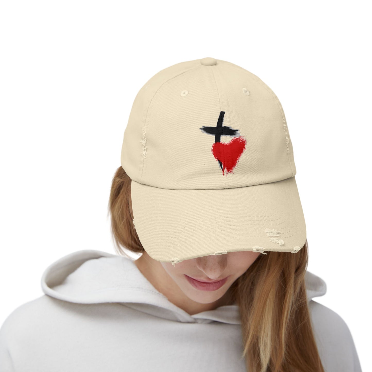 Distressed Baseball Cap — Painted Cross & Heart Design | Faith-Inspired Casual Hat