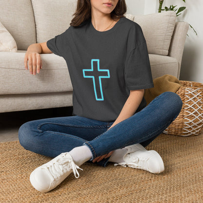 Neon Outline Cross T-Shirt — Minimal Christian Faith Graphic Tee