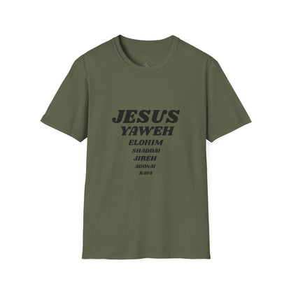 Jesus Yahweh Names T-Shirt — Faith-Based Christian Tee Featuring Elohim, Shaddai, Jireh