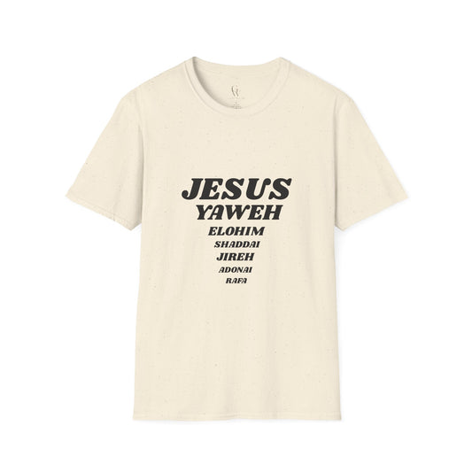 Jesus Yahweh Names T-Shirt — Faith-Based Christian Tee Featuring Elohim, Shaddai, Jireh