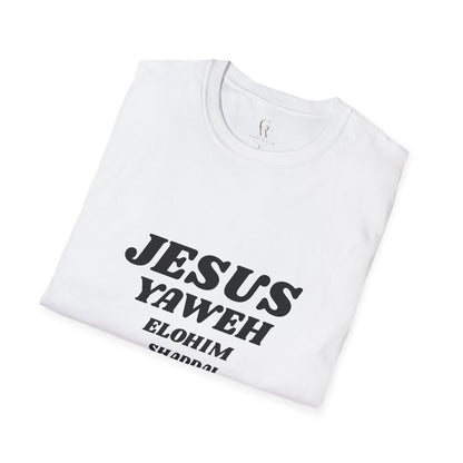 Jesus Yahweh Names T-Shirt — Faith-Based Christian Tee Featuring Elohim, Shaddai, Jireh
