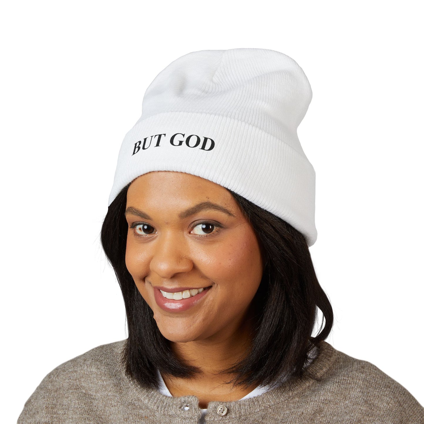 BUT GOD Embroidered Cuffed Beanie — Minimal Faith Knit Hat